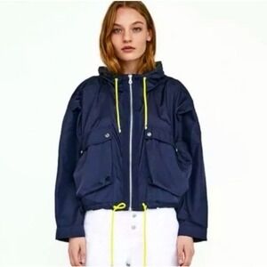 ZARA Basic Navy‎ Blue Cargo Windbreaker Jacket Sz L Oversized Hooded